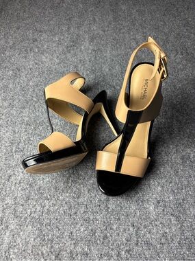 Michael Kors Beige and Black Patent T-Strap Platform Heels